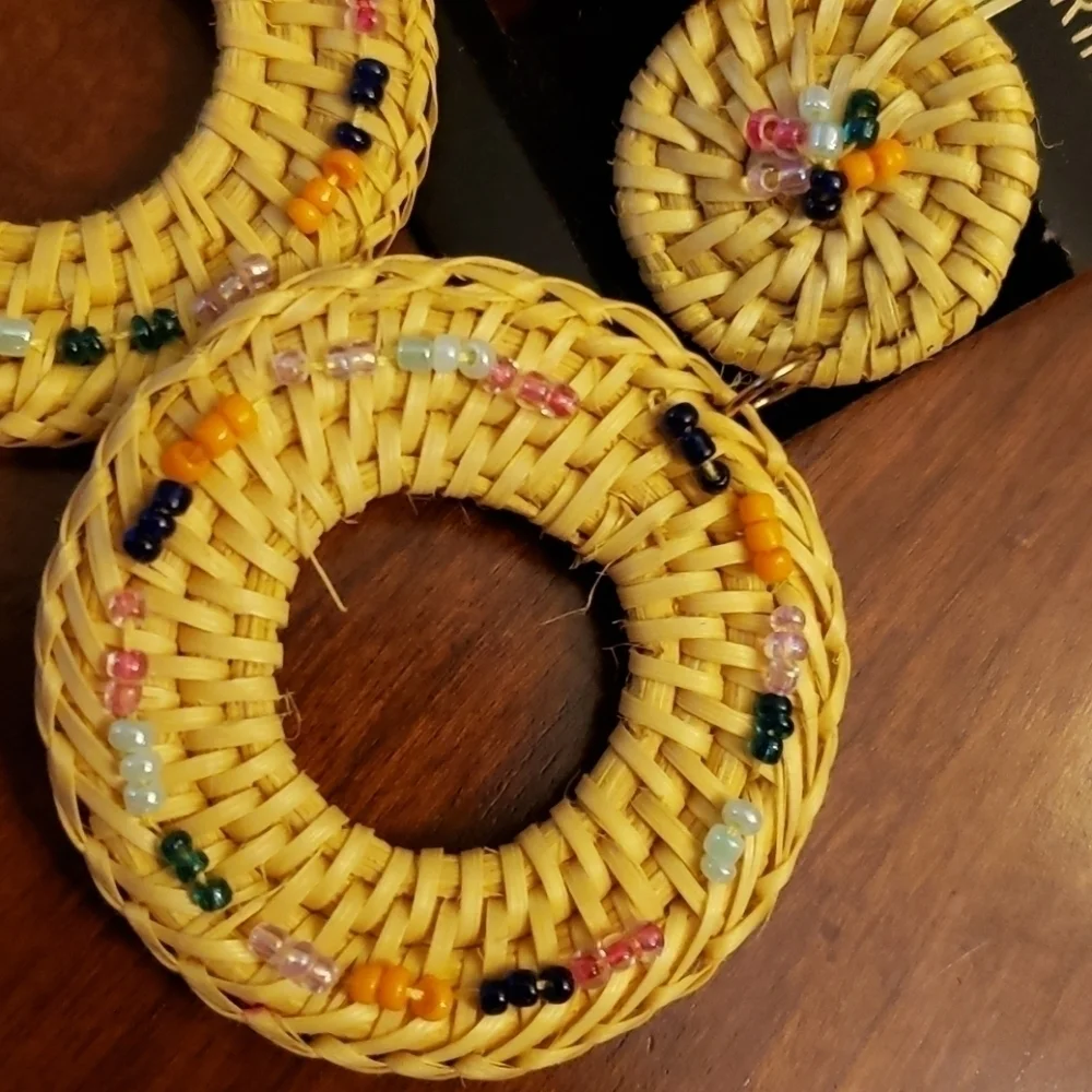 Woven Beaded Large Circle Earrings Pierced New